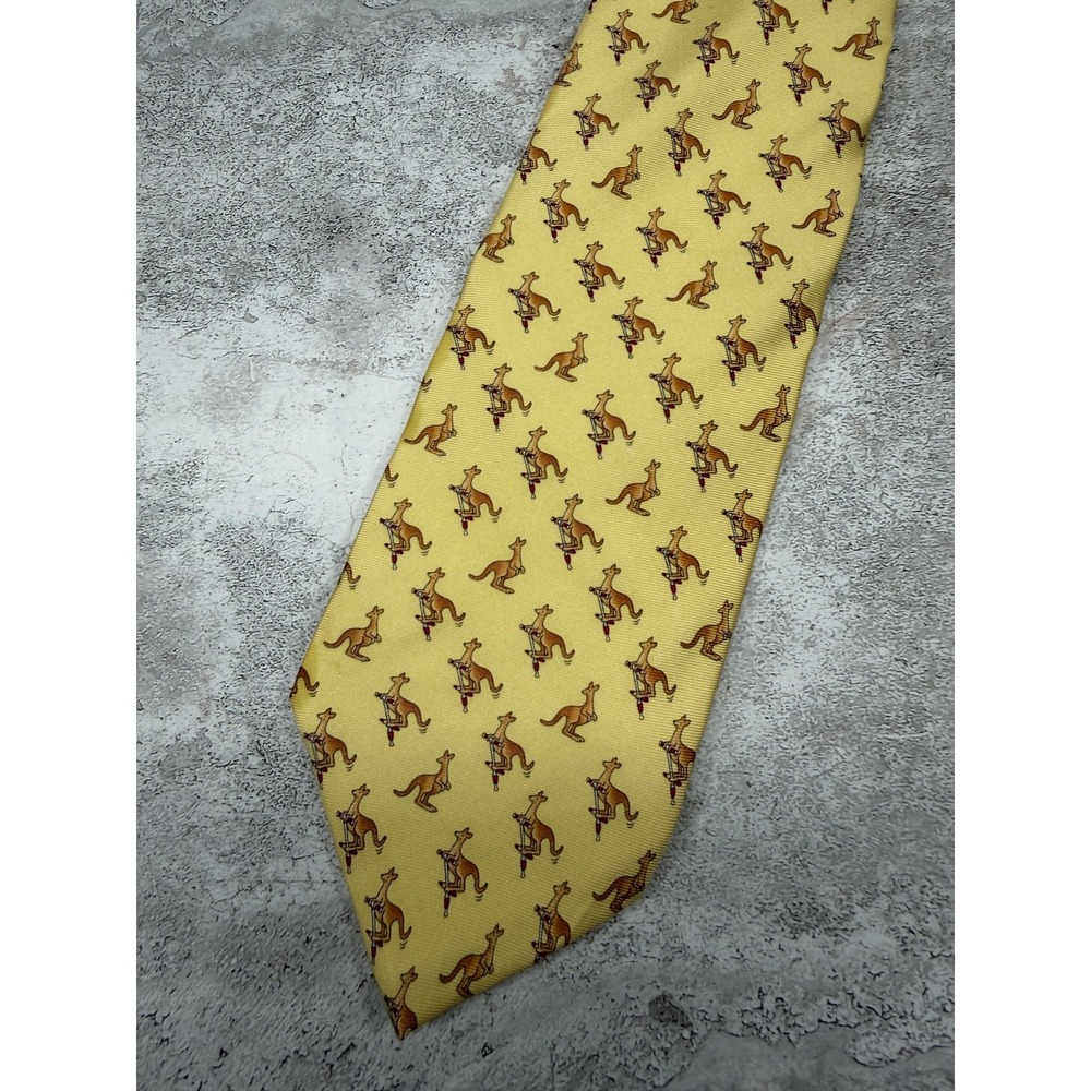 Brooks Brothers Tie Mens One Size Yellow 100% Silk Kangaroo Embroidered Print